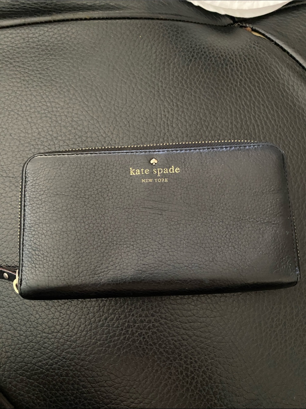 kate spade Black Leather Zip Wallet with Gold Logo